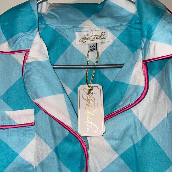 Jaye's Studio Womens Button-Down Pajama Set XXS Turquoise & White Plaid Cotton - Picture 3 of 7